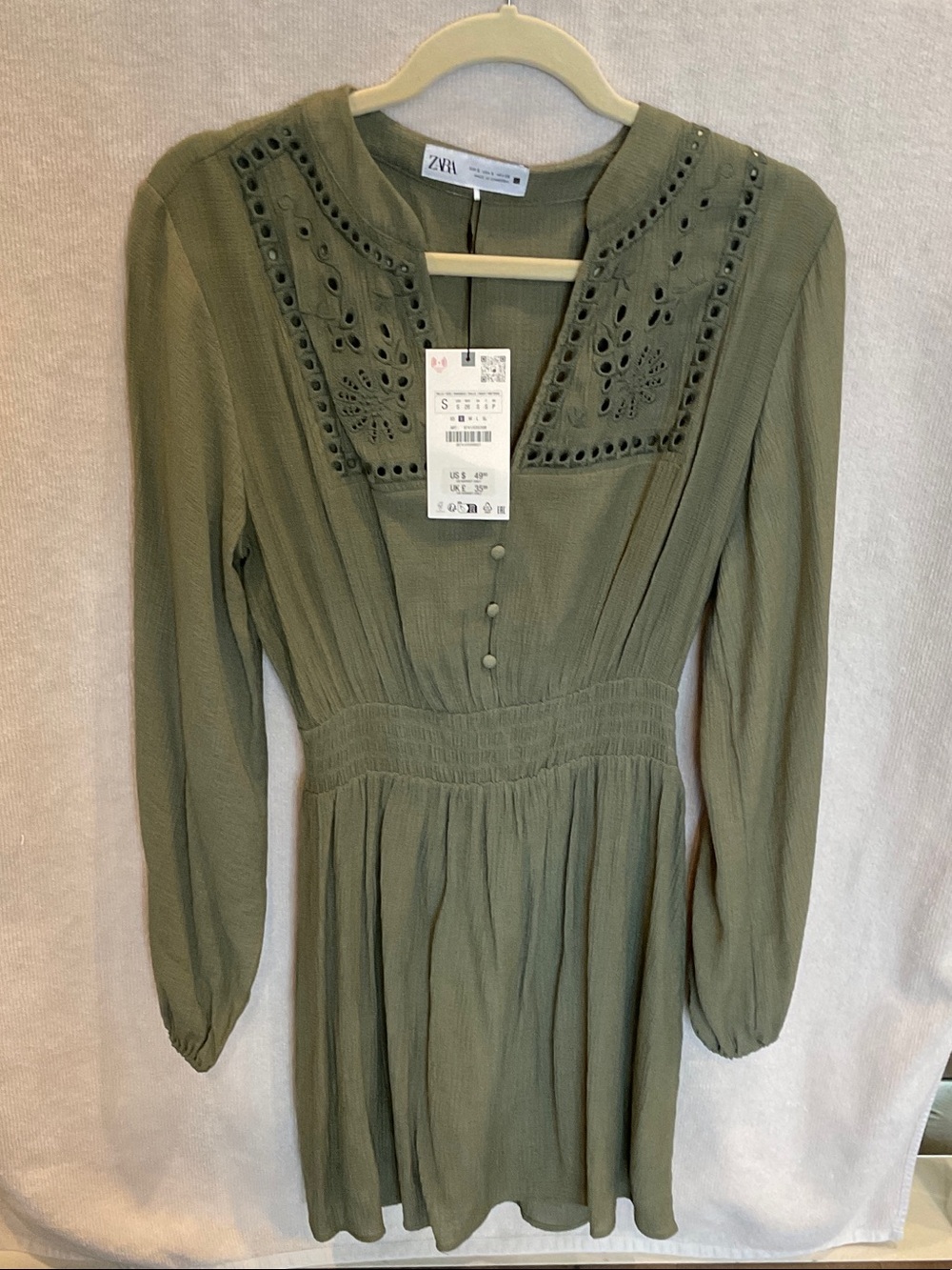 Zara Olive Green Long-Sleeve Eyelet Yoke Mini Dress